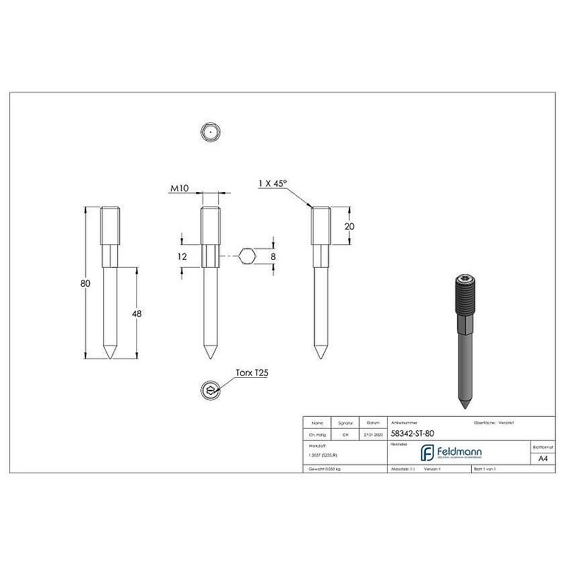 Stockschraube M10x80mm, Stahl verzinkt
