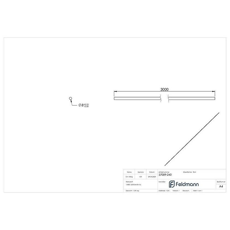 Rundmaterial, 8mm, ungeschliffen, L: 3000mm, V2A