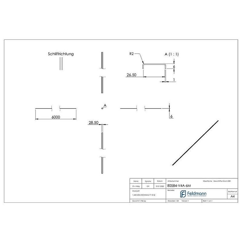 Kantenschutz EXTRA SLIM, für Glas 24,00 - 25,52mm, L: 6000mm, Edelstahl V4A