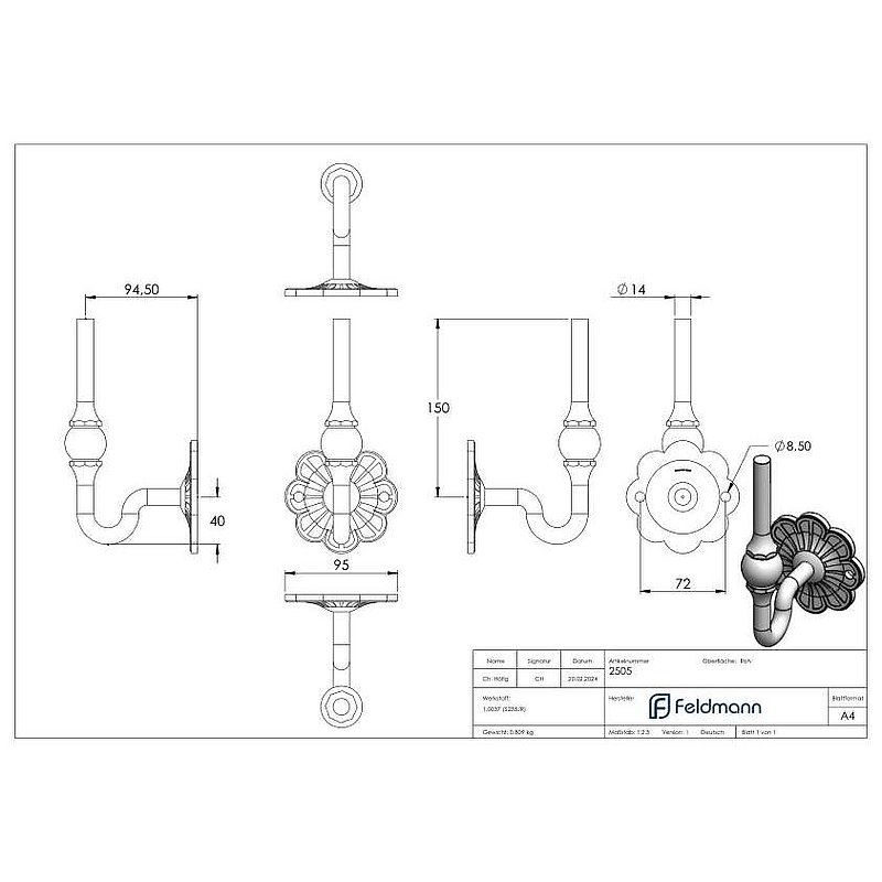 Handlaufträger mit Ronde 93mm, flach