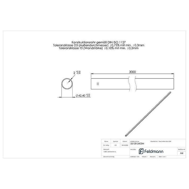 Edelstahlrohr, 42,4x2,0mm, L: 3000mm, V2A