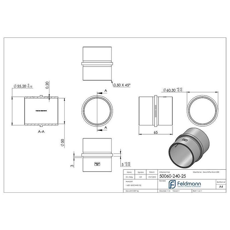 Connecting piece for tube 60.3x2.5mm, AISI304