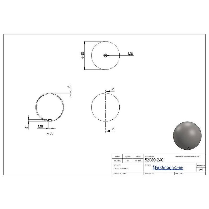 Hohlkugel Ø 80mm mit Gewinde M8, V2A