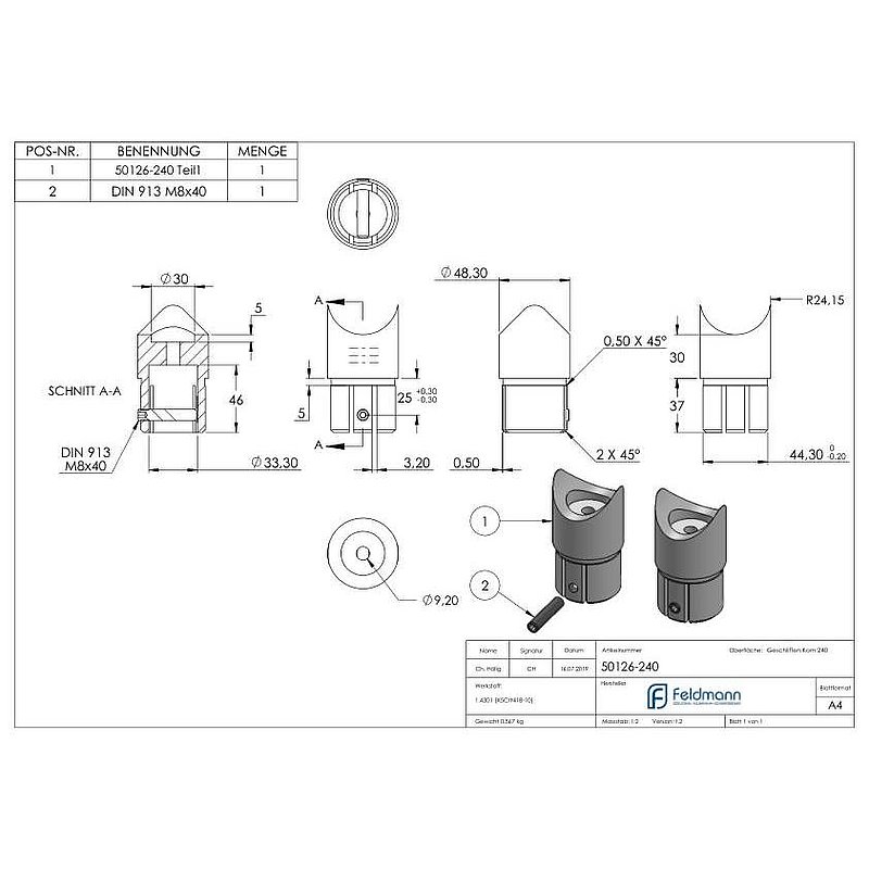 Anschlussstück 90°, Anschluss oben: 48,3mm, V2A