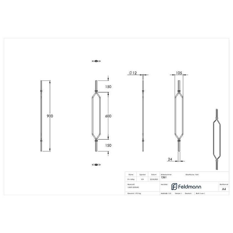 Designstab Ø 12mm, H: 900mm