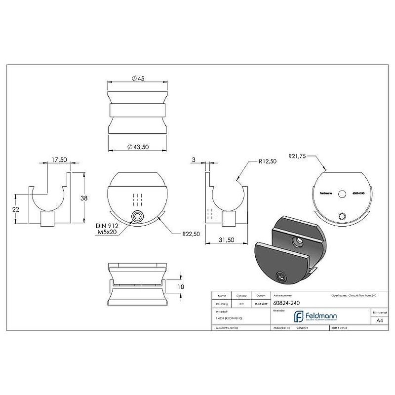 Fixation murale pour rail de guidage, V2A