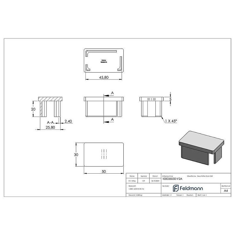 Einsteckkappe, für Rohr 50x30x2,0mm, V2A
