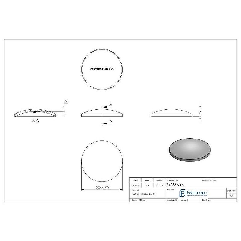 Gewölbte Schale Ø 33,7x2,0mm, H: 6mm, V4A