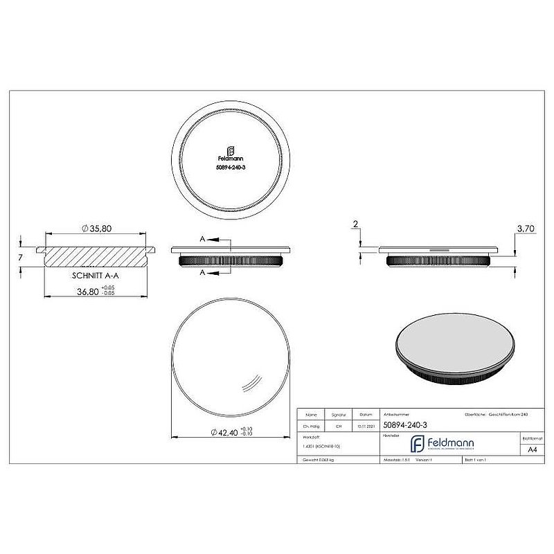 Rohrabschlussstopfen, für Rohr 42,4x3,0mm, V2A