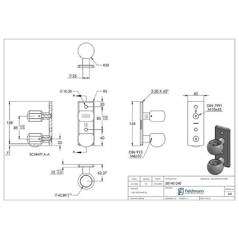 Wandbefestigung für Geländerpfosten 42,4mm, V2A