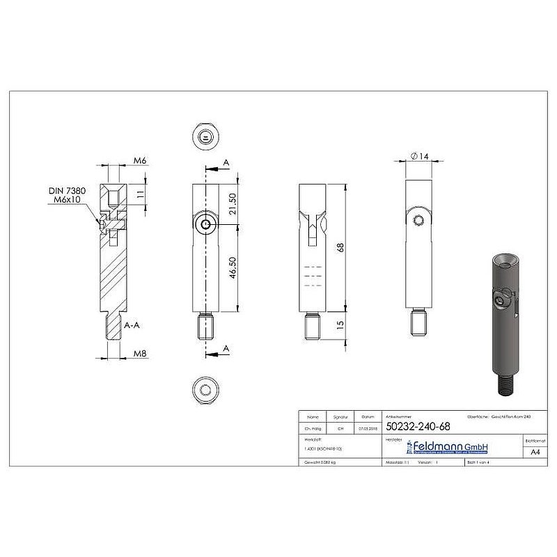 Tige articulée Ø 14mm, L: 68mm, V2A
