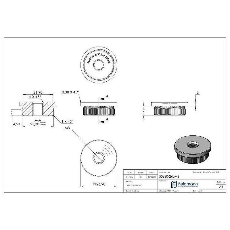 Tube end plug, for tube 26.9x2.0mm, AISI304