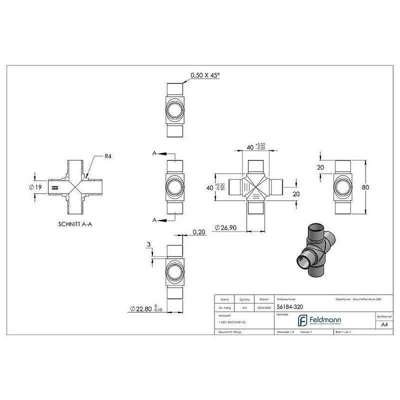 Kreuzstück, für Rohr 26,9x2,0mm, V2A