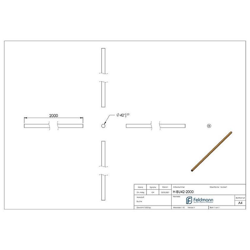 Holzhandlauf Buche, Ø42,4mm, L: 2000mm