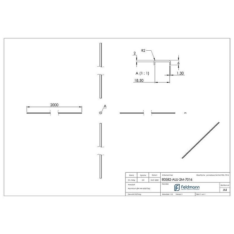 Main courante EXTRA SLIM, pour verre 16,00 - 17,52mm, L: 2000mm, aluminium RAL 7016