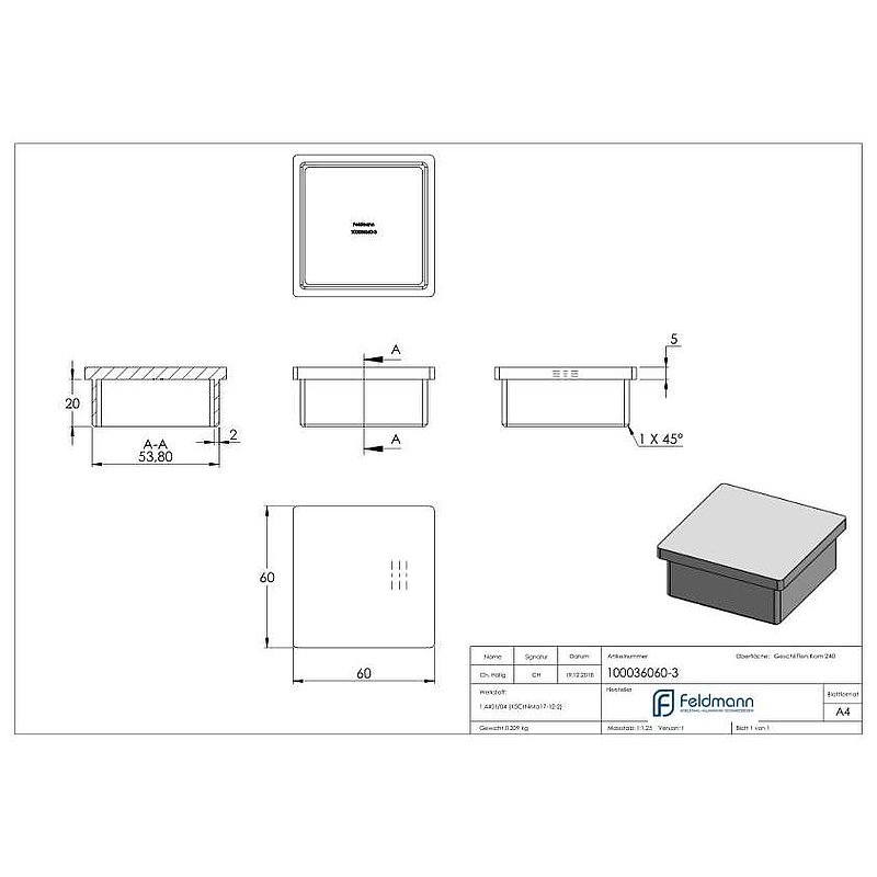 Einsteckkappe, für Rohr 60x60x3,0mm, V4A