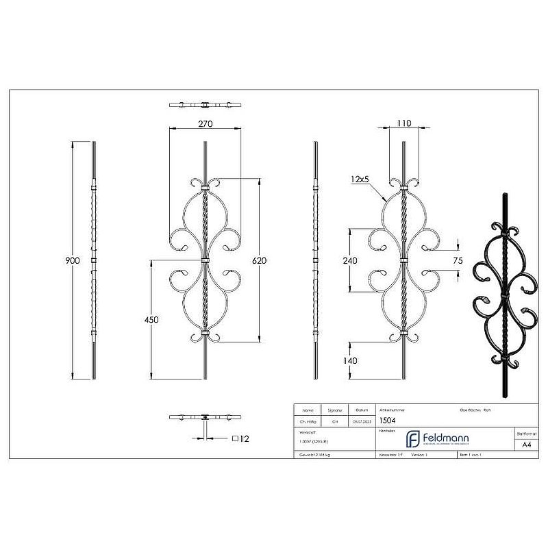 Barre d'ornement 12x12mm, rainurée, style baroque, H : 900mm