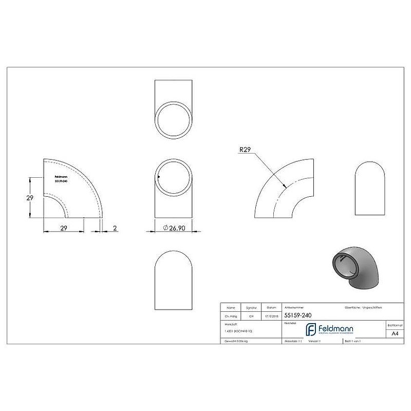 Schweißbogen 90°, 26,9x2,0mm, ungeschliffen, V2A