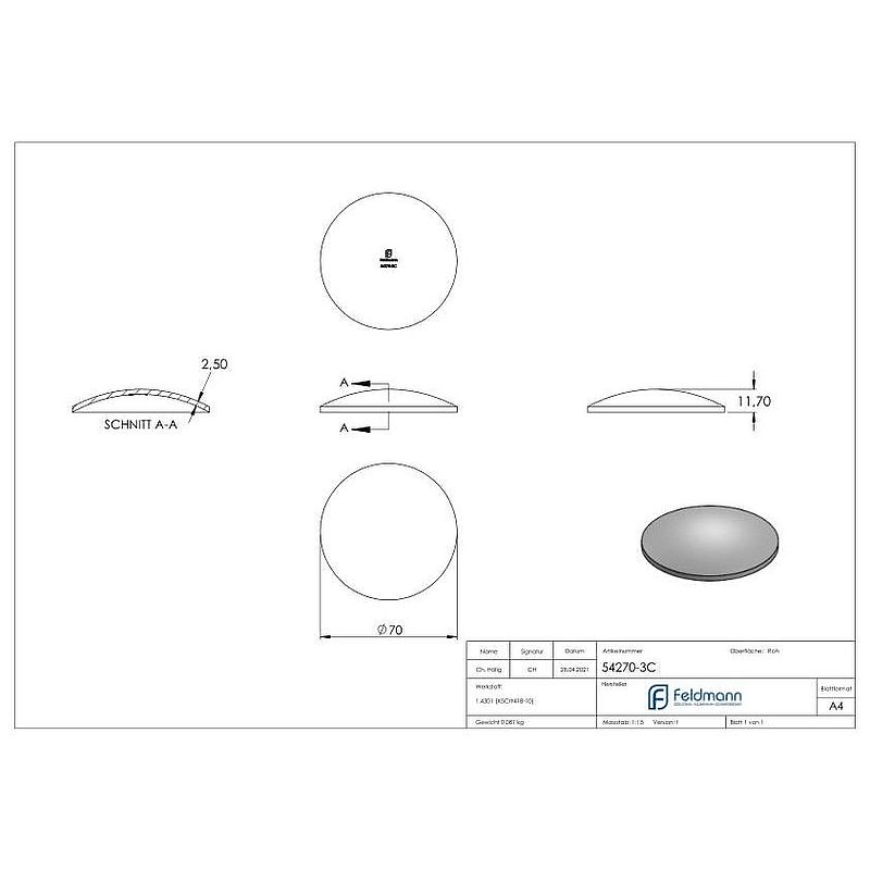 Gewölbte Schale Ø 70x2,5mm, ungeschliffen, V2A