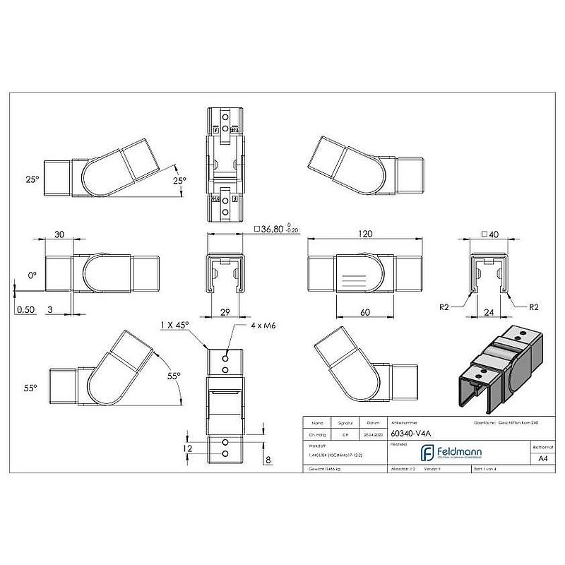 Verbinder flexibel für Quadratnutrohr 40x40mm, V4A