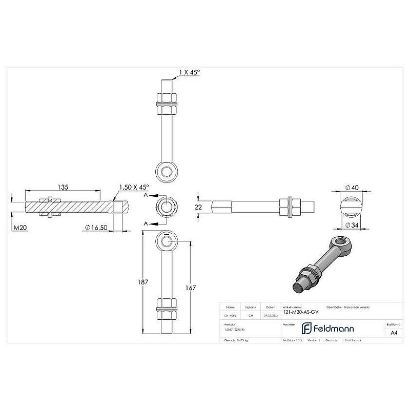 Eye bolt from hinge 121-M20, electro galvanized