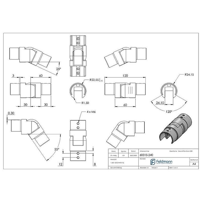Raccord articulé pour tube à fond de gorge Ø 48,3mm, V2A