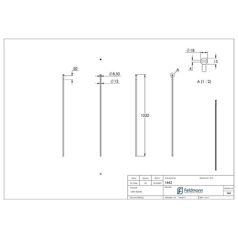 Zaunstab Ø 12mm, H: 1020mm, konisch, Knopf eckig