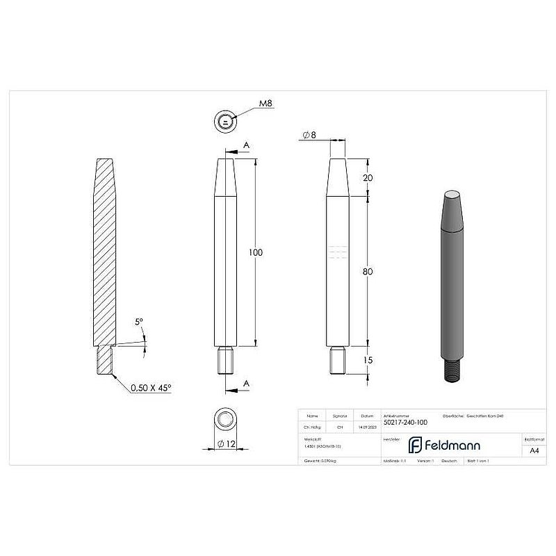 Stift Ø 12mm, L: 100mm, abgedreht, V2A