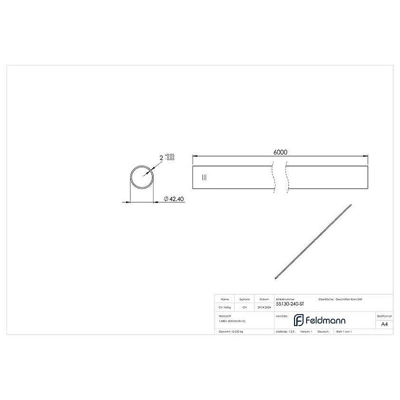 Edelstahlrohr, 42,4 x 2,0mm, L=6m, Korn 240 geschliffen, V2A