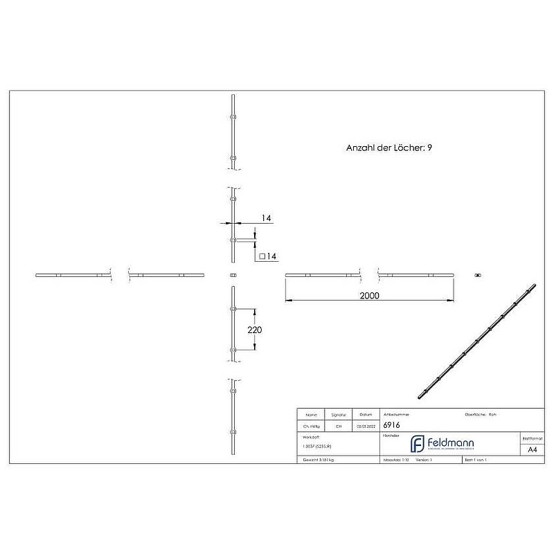 Lochleiste S235JR, 14x14mm, Lochabstand 220mm, 2000mm
