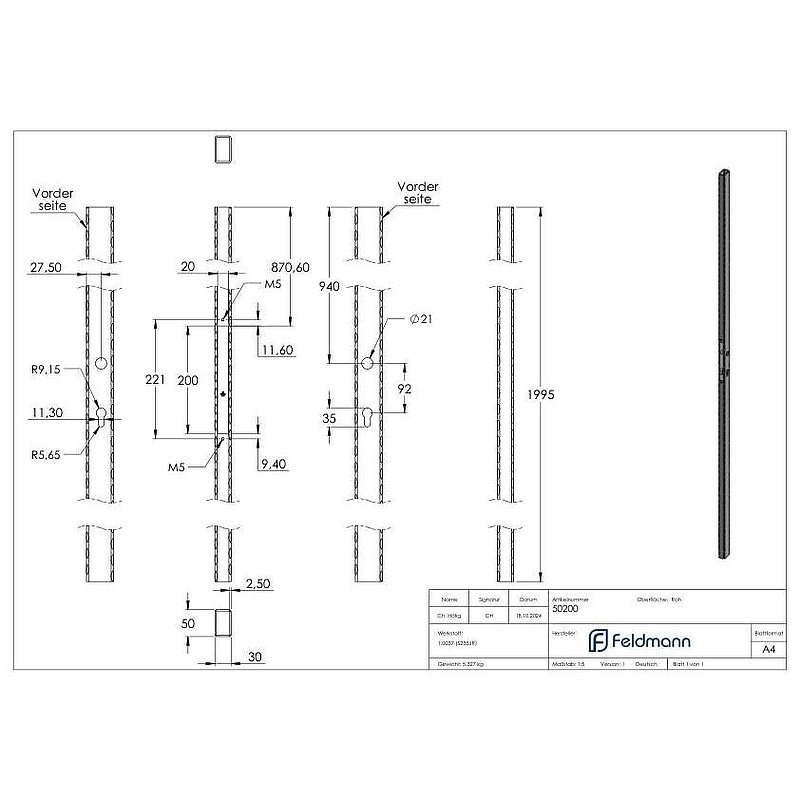 Tube de serrure 50x30 martelé, L : 2000mm