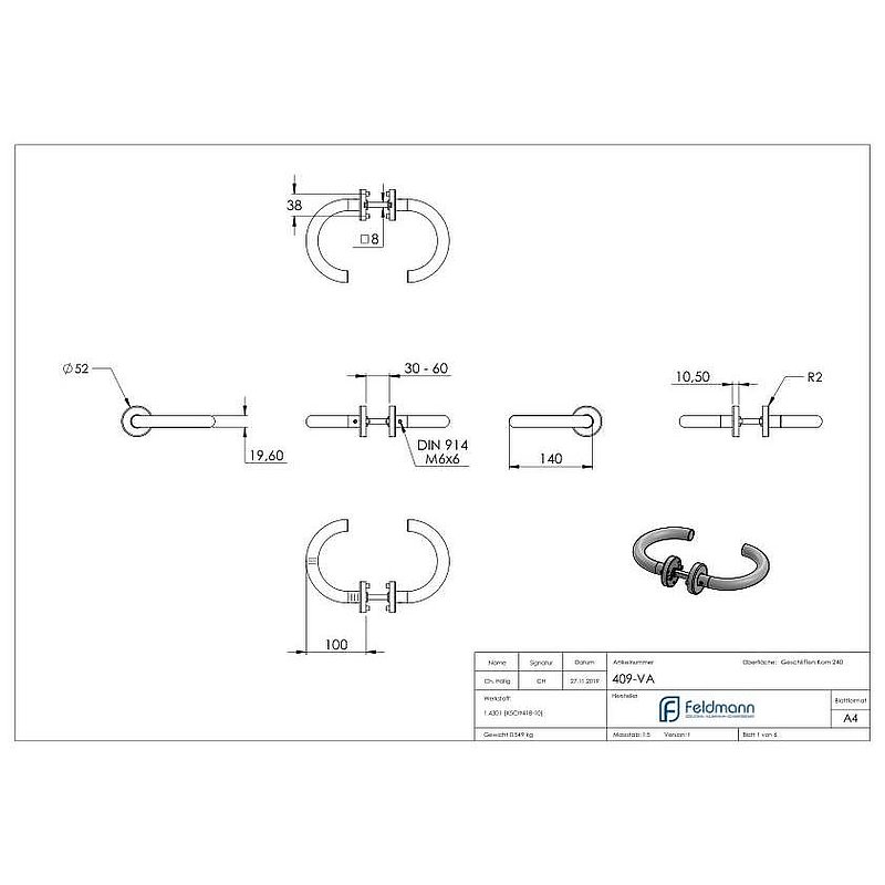 Pair of lever handles, rotatable, AISI304
