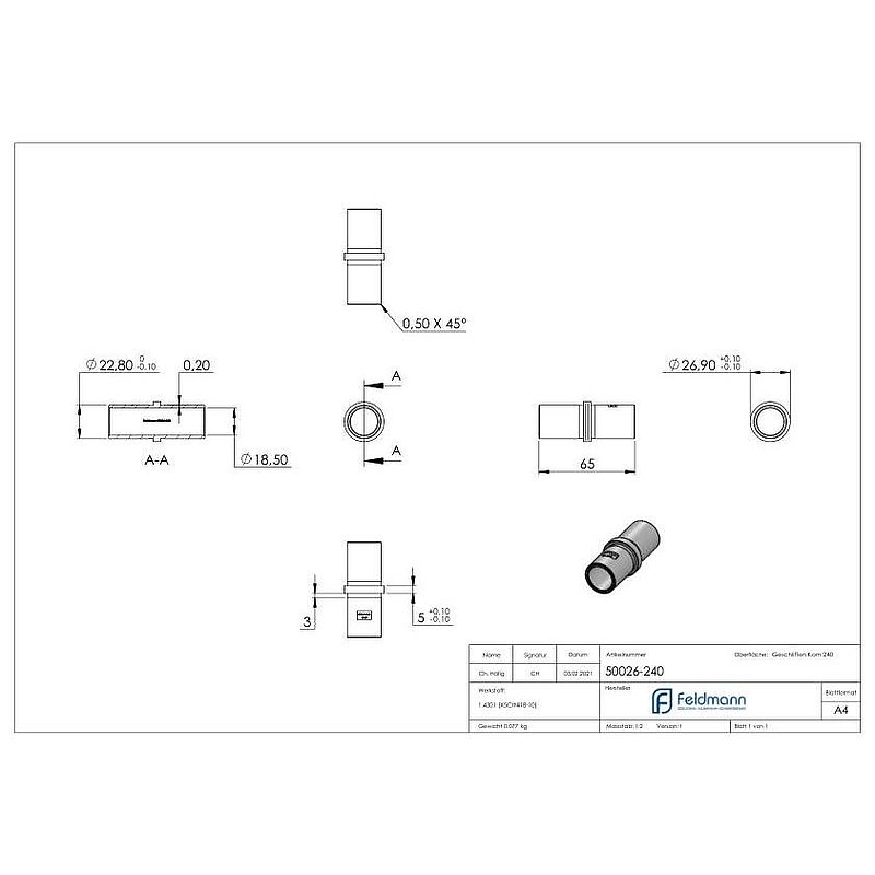 Verbindungsstück für Rohr 26,9x2,0mm, V2A