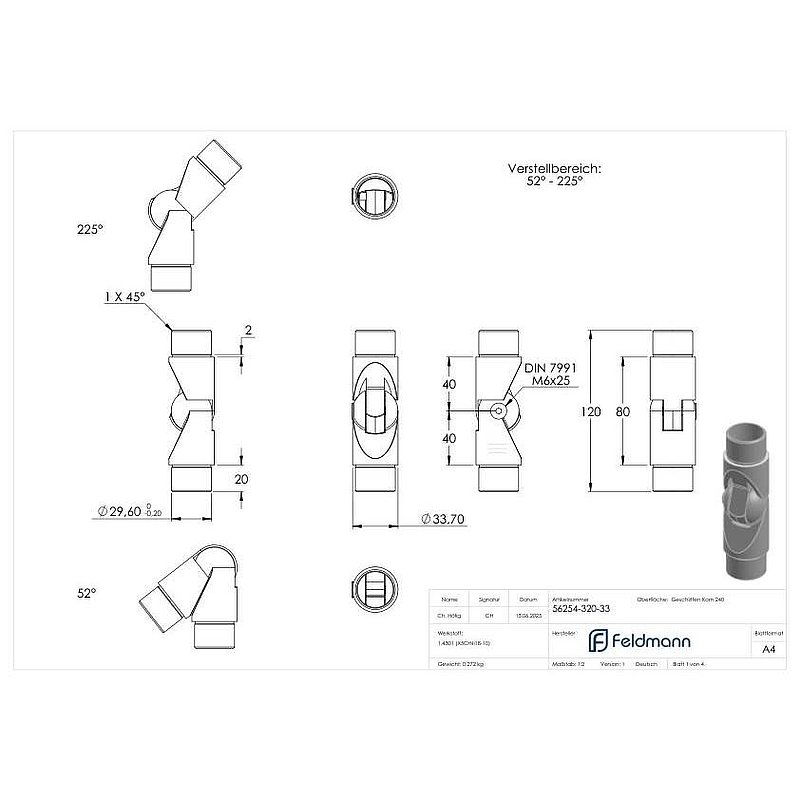Gelenkstück, für Rohr 33,7 x 2,0mm, V2A