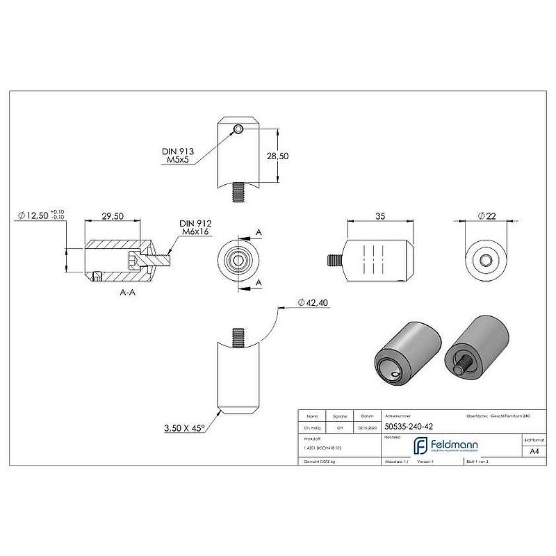 Cross bar holder for butt joint, bore Ø 12.5mm, connection 42.4mm, AISI304