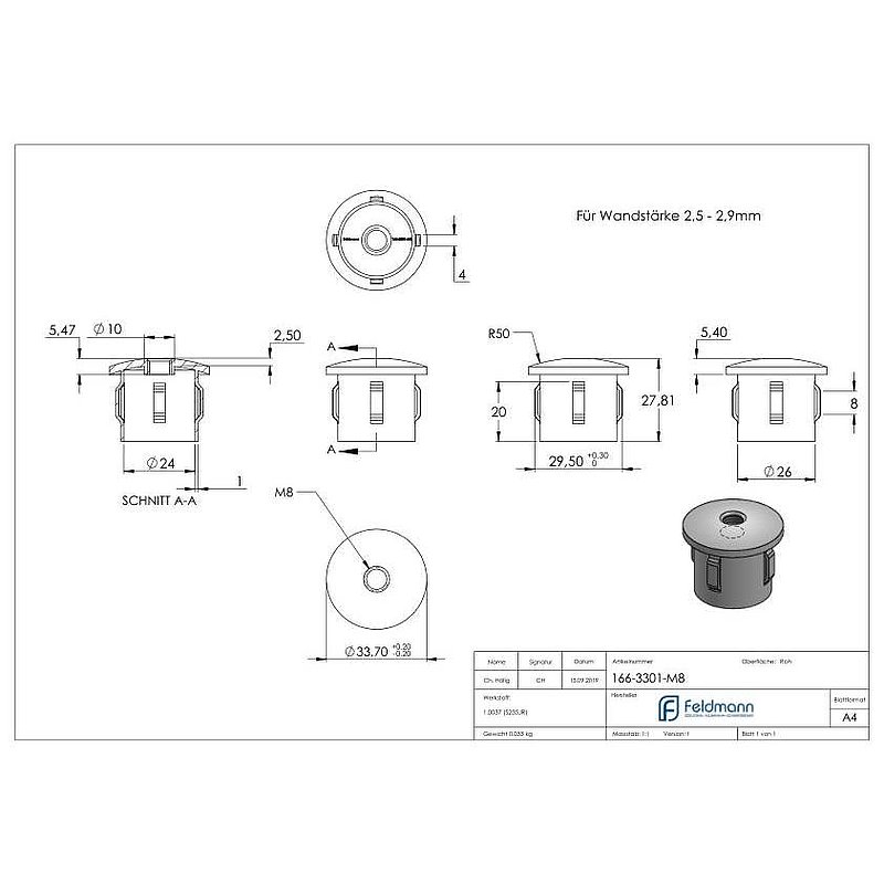 Stahleinschlagkappe, für Rohr 33,7mm