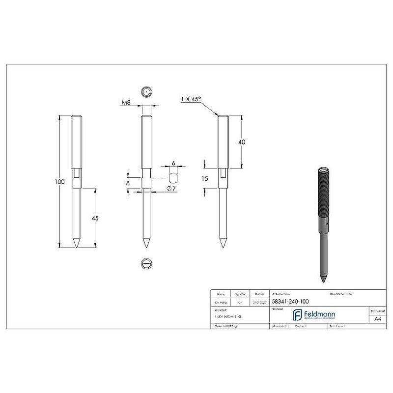 Stockschraube M8x100mm, V2A
