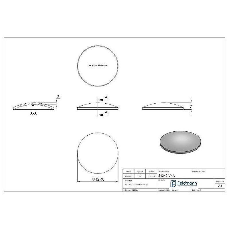 Gewölbte Schale Ø 42,4x2,0mm, H: 7mm, V4A