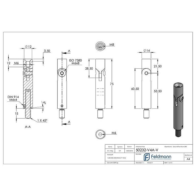 Tige articulée Ø 14mm, L: 76mm, V4A