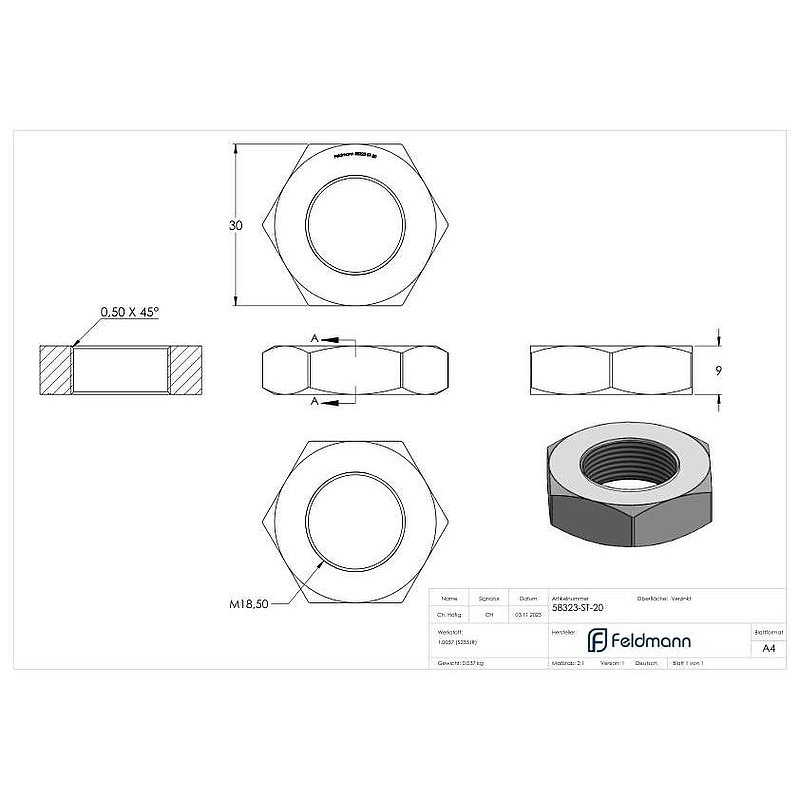 Hexagon nut M20, flat shape