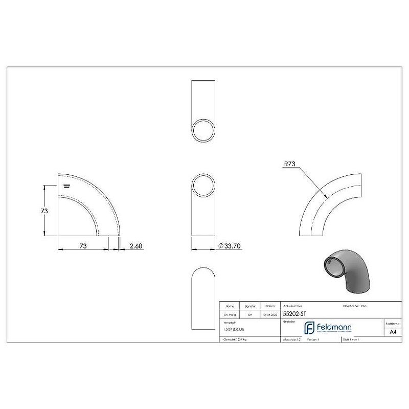 Schweißbogen 90°, 33,7x2,6mm