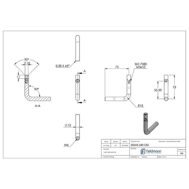 Étrier Ø 12mm, avec articulation, courbé à 90°, V2A