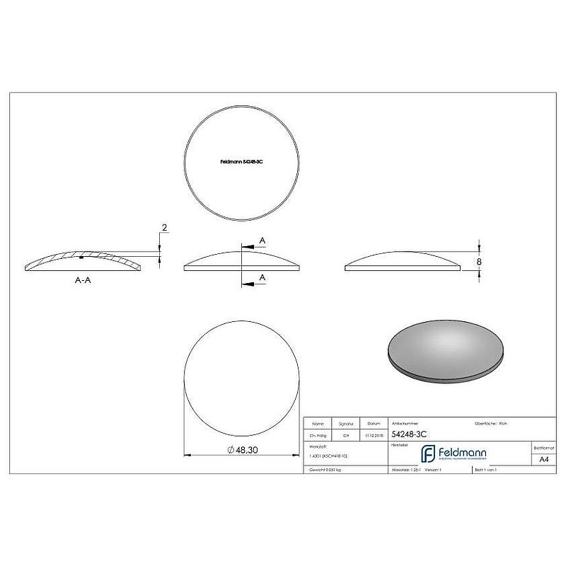 Gewölbte Schale Ø 48,3x2,0mm, H: 8mm, V2A