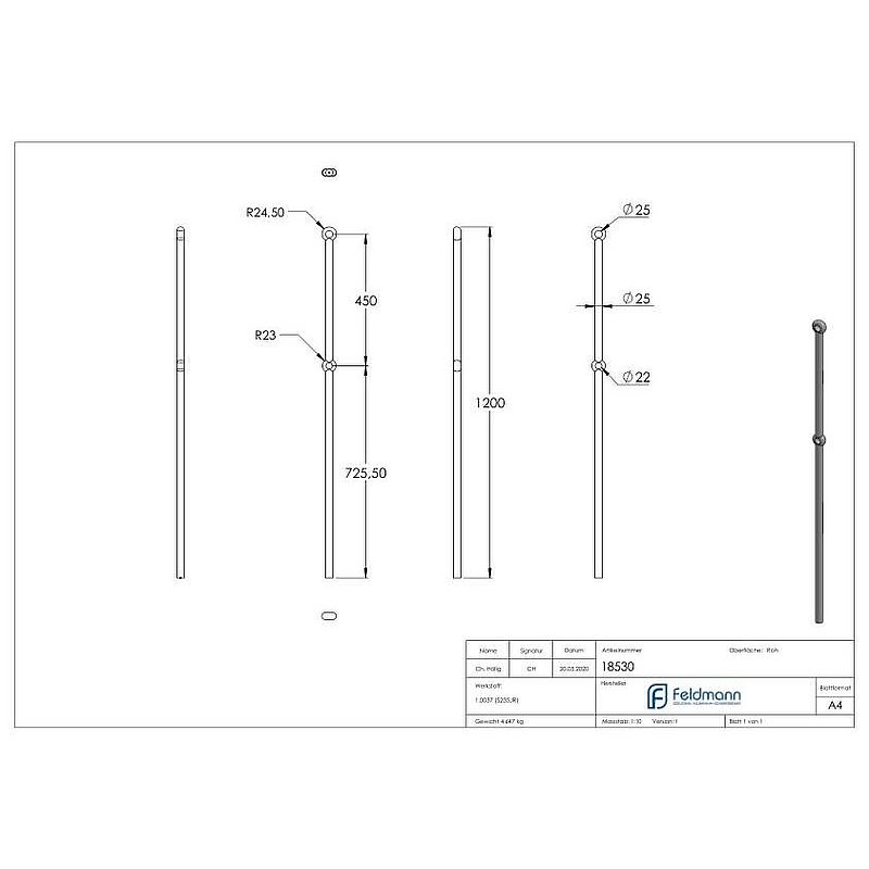 Pfosten aus 25mm rund, H: 1200mm, 2x gelocht