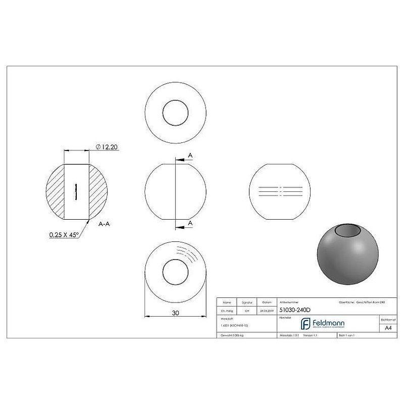 Solid ball Ø 30mm with through-hole 12.2mm, AISI304