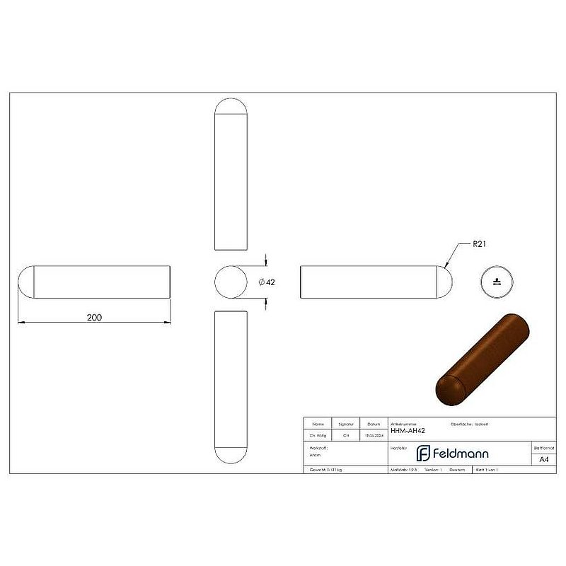 wooden handrail maple Ø 42mm, length 200mm, laquered