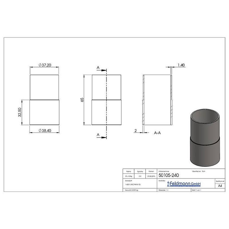 Connecting piece from 42.4x2.5mm to 42.4x2.0mm, AISI304