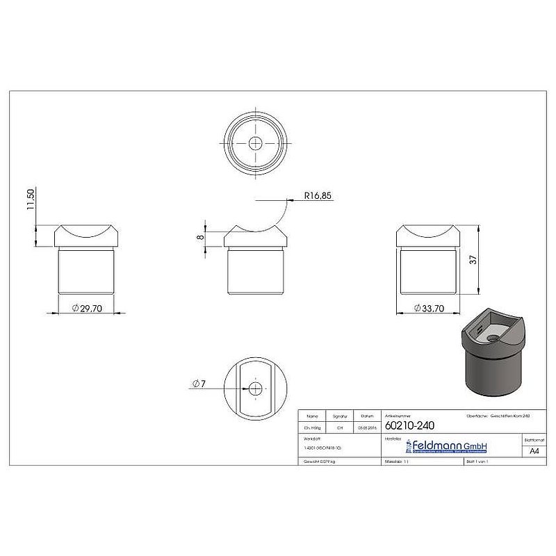 Pipe saddle, top connection: 33.7 mm tube, AISI304
