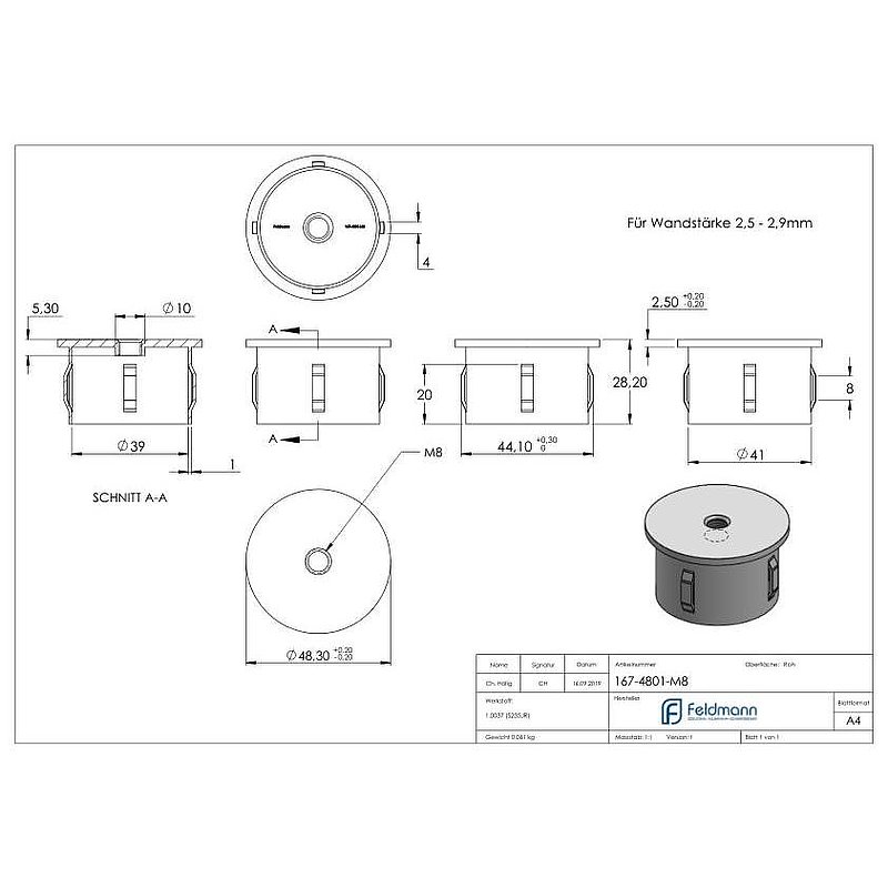 Steel end cap, for 48.3mm tube