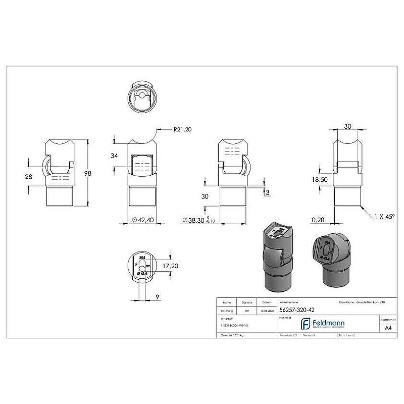 Gelenkstück, für Rohr 42,4x2,0mm, V2A